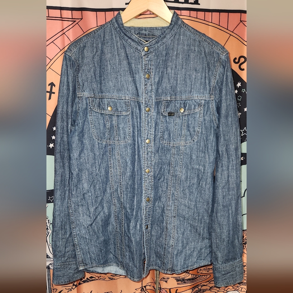 Huf Collarless Chambray Blue Denim Shirt - Mens L/G